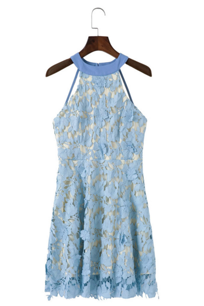 Floral Lace Appliquéd Short Skater Dress Featuring Halter Neck And Open Back