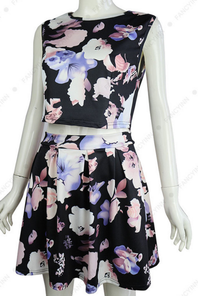 Hot sale Sexy Sleeveless print flower hollow dress two piece