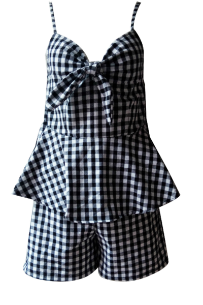 Two-Piece Spaghetti Strap Gingham Falbala Dress Adorned with Bowknot