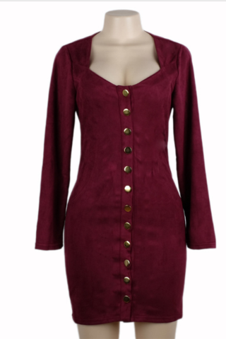 Sexy Low-cut Tight Button Suede Long-sleeved Women's Dress