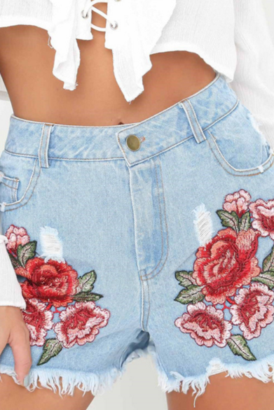 New Fashion embroidery flower hole do old denim cowby shorts