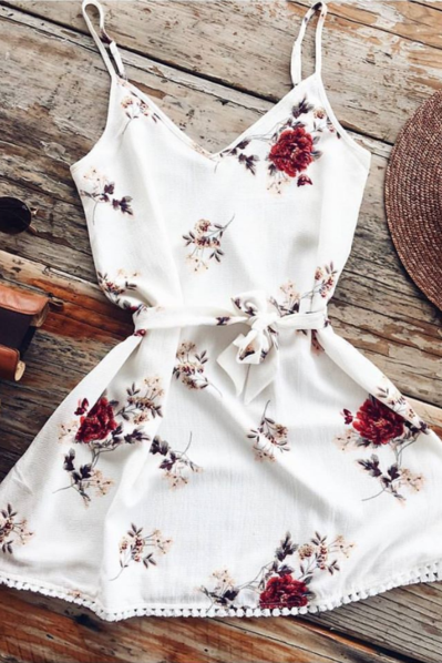 Floral White Background Waist Bow Romper