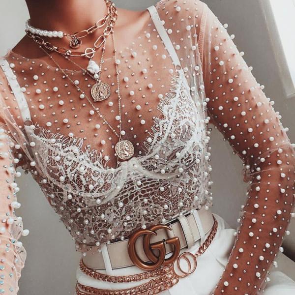 Perspective Lace Shirt with Bright Diamond Beads Inside and Outside Wear Mesh Long Sleeve Top Female