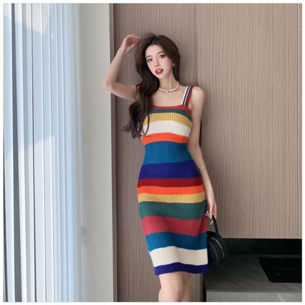 Colorful Stripe Knitted Suspended Dress Women's New Summer Slim Fit Sexy Dress