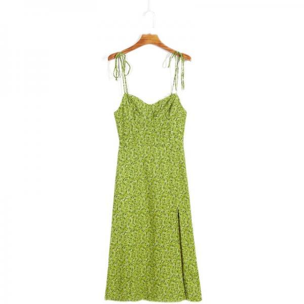 New Shoulder Lace Up Slim Slim Strap Avocado Green Split Flower Split Dress