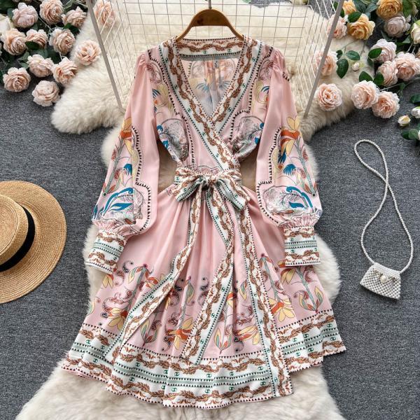 V-neck ethnic style long sleeved printed dress for women with waistband straps, medium length large swing A-line skirt
