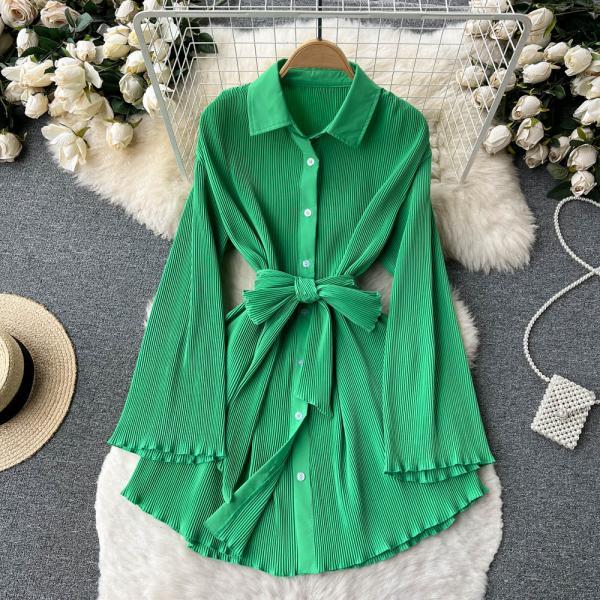 Mid length lapel flared sleeves with waistband for a slim ruffled shirt dress