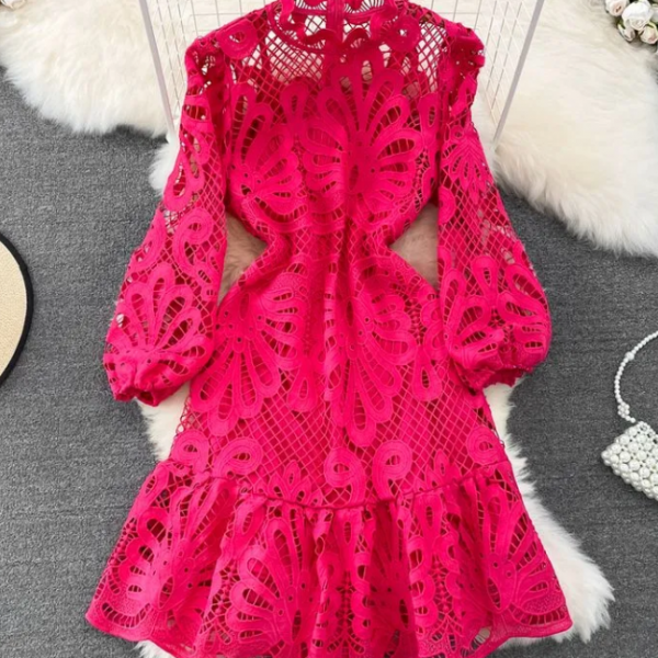 Stand collar bubble sleeve waist slimming A-line flanged crochet cutout water soluble lace dress