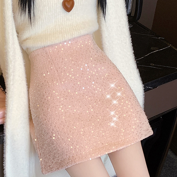 Sequin wool skirt for women 2023 Autumn/Winter high-waisted slimming A-line skirt package hip skirt skirt