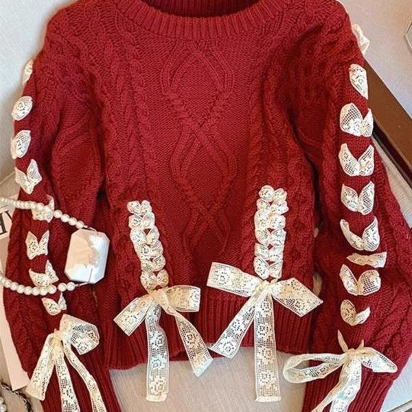 Red bow lace lace lace lace Christmas sweater women's thick New Year sweater winter