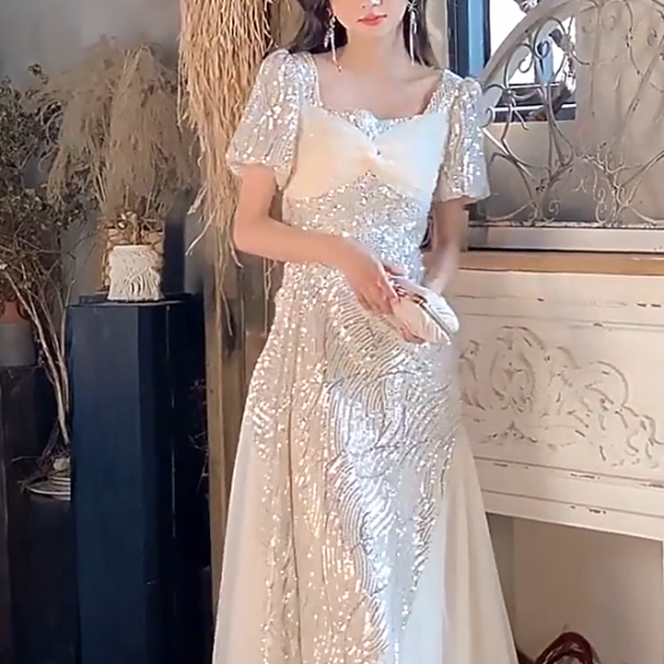 Evening dress high-end light luxury small skirt female banquet temperament demure elegant host silver sequin bel Canto solo