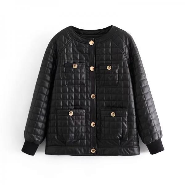 Winter new casual round neck single breasted black imitation leather warm coat woman