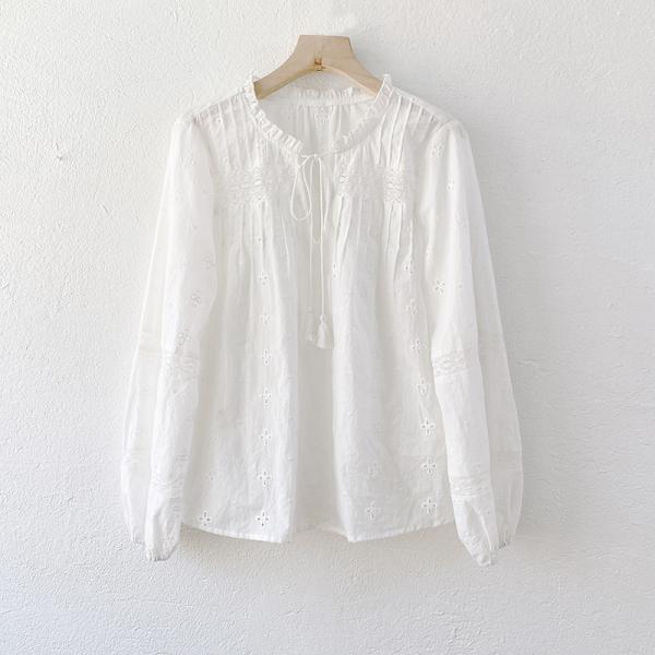 Women's French shirt long sleeve white cotton embroidered shirt woman