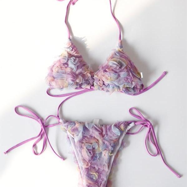 3D flower full floral two pieces bikinis purple flower swimwear bathsuit