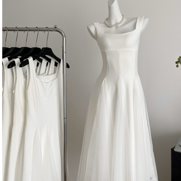 White camisole dress for women new mesh fluffy fairy high-end feeling white chiffon dress