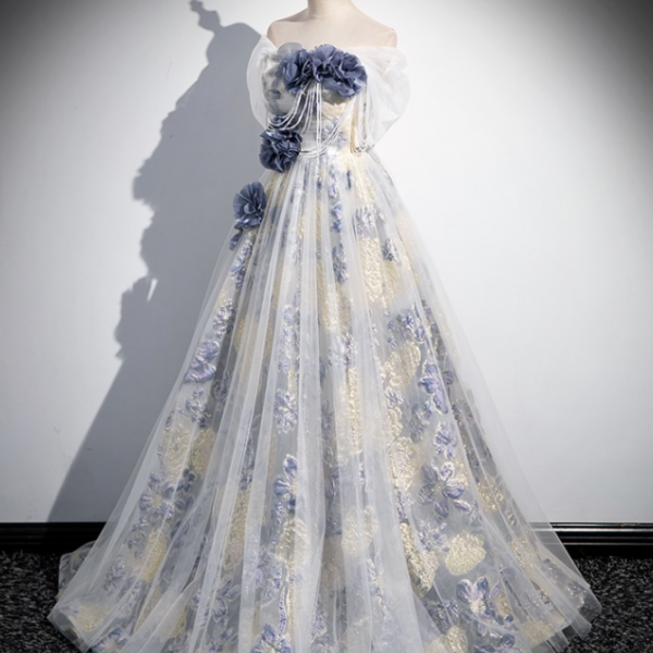 Homecoming dress blue bow floral strapless wedding dress Bride's Annual Meeting Dress