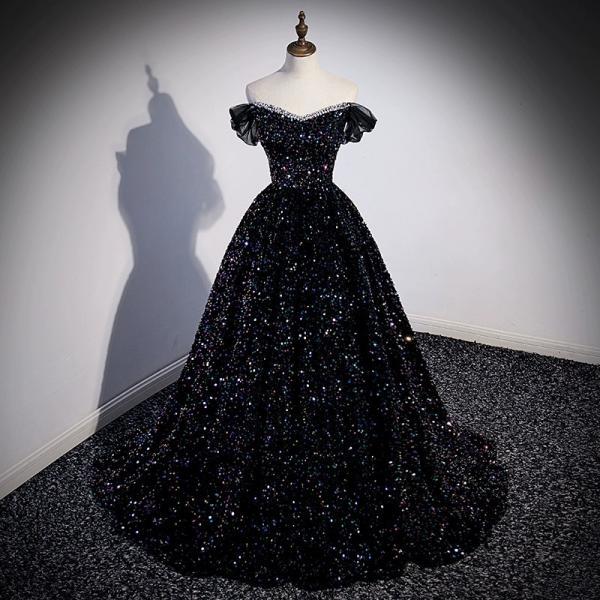 One shoulder evening dress for women sparkling sequins host bel canto performance dress vocal art exam black wedding dress