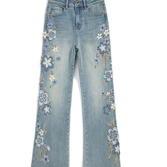 Summer New Two Sided Pattern Heavy Industry Embroidery High Waist Wide Legs Show Tall and Slim Appearance Loose Straight Women's Jeans