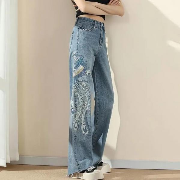 Wide leg high waisted jeans for women's summer new style with phoenix embroidery straight tube loose and trendy showing a slimming effect with a drooping horn