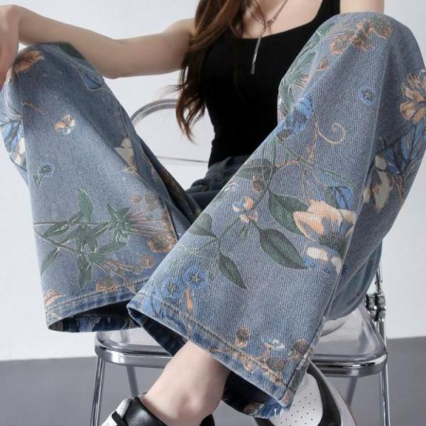 Printed straight leg jeans for women's versatile new spring and autumn narrow edition wide leg pants with high waist and drape pants 