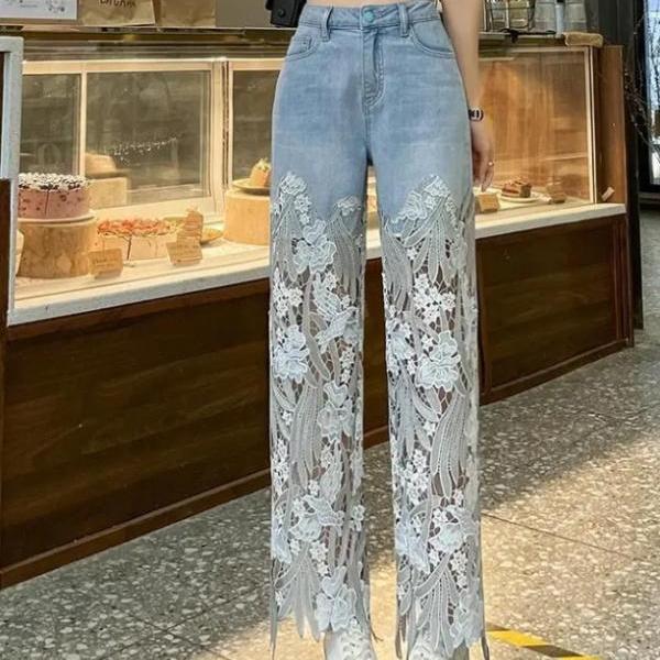 Design sensitive lace patchwork niche jeans for women's 2024 summer new straight leg slimming retro style casual pants