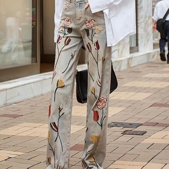 High waisted slimming wide leg jeans for women's 2024 spring/summer new loose embroidered flower straight leg floor mop pants