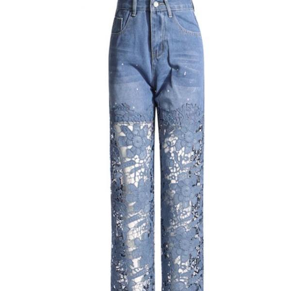High waisted straight leg pants 2024 new niche patchwork lace design commuter style jeans for women