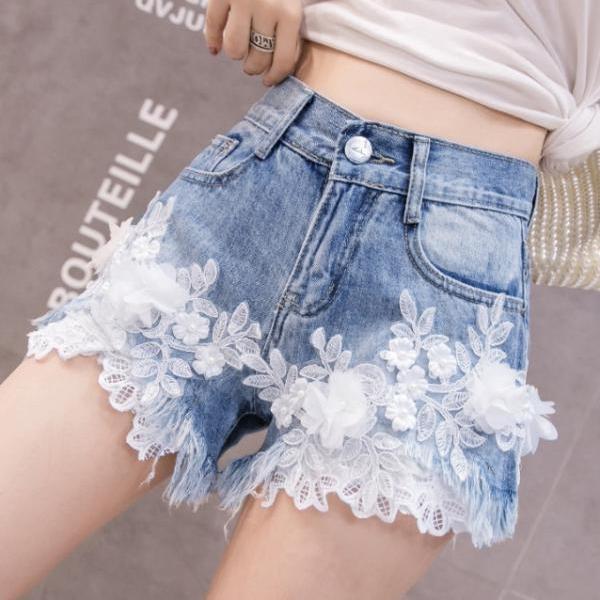 White lace flower jeans lace shorts women's embroidered beaded lace shorts, oversized slimming casual hot pants
