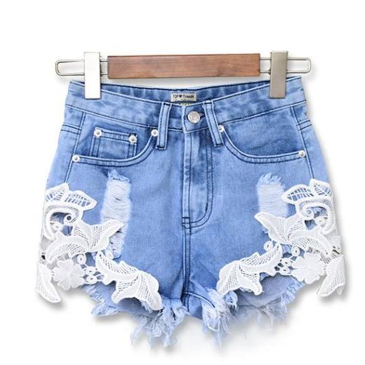High waisted lace beach vacation bohemian wind ripped denim shorts for women's hot pants