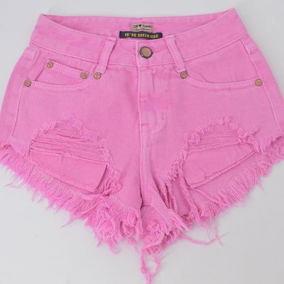 High waisted slim fitm worn out irregular leaky pocketshot pants pink beach denim shorts