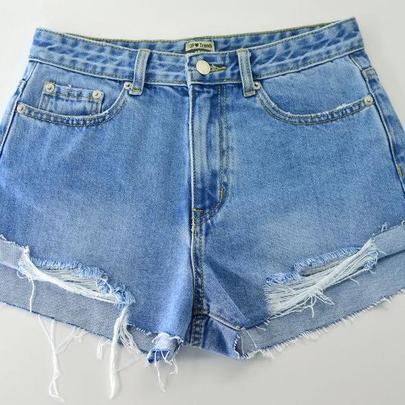 High waisted and slim super soft and perforated denim shorts with split ends front short and back long irregular shorts