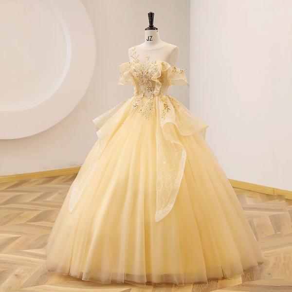 New Colorful Yarn Yellow Evening Dress Student Vocal Art Exam Performance Dress Beauty Singing Solo Pengpeng Skirt Hosting Annual Meeting