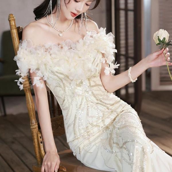 Evening dress dress, light luxury and niche style, 2024 new one shoulder fishtail banquet temperament