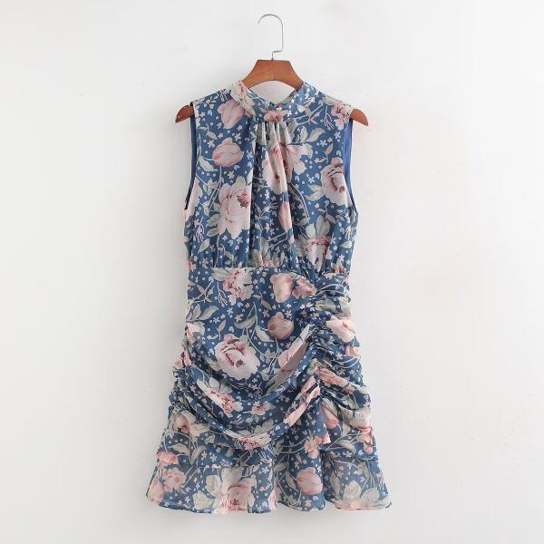 Leisure floral pleated sleeveless dress