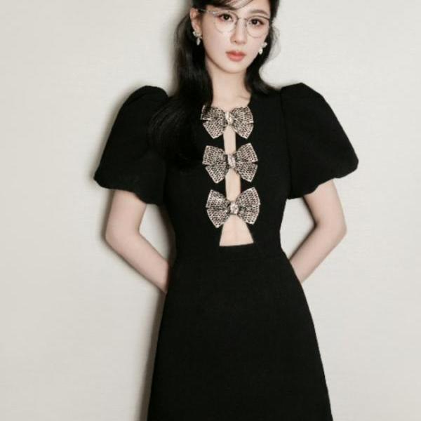 Black Bubble Sleeves Hollow Bow Dress Waist Closed Slim A-line Short Skirt for Women
