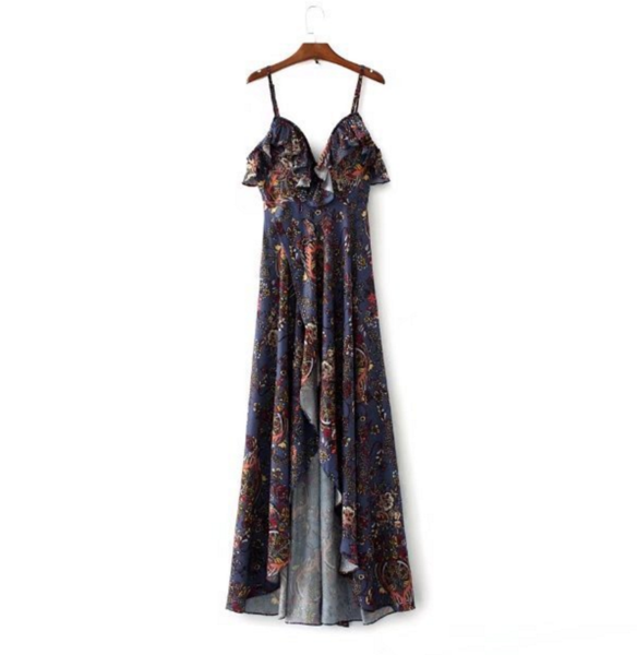 Women's V-Neck Lotus Leaf Print Layered Dress
