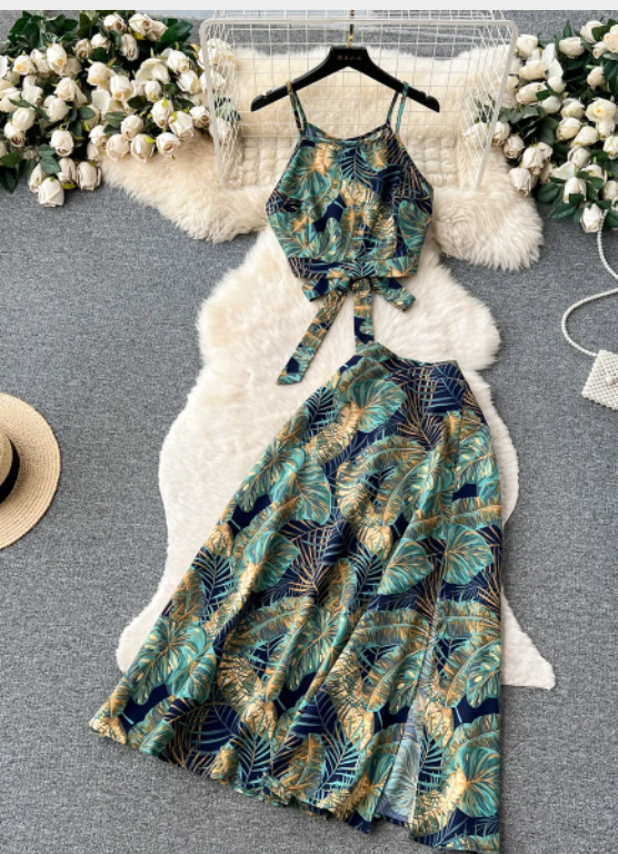 Summer Women's Striped Hollow Crop Top & Skirt Set