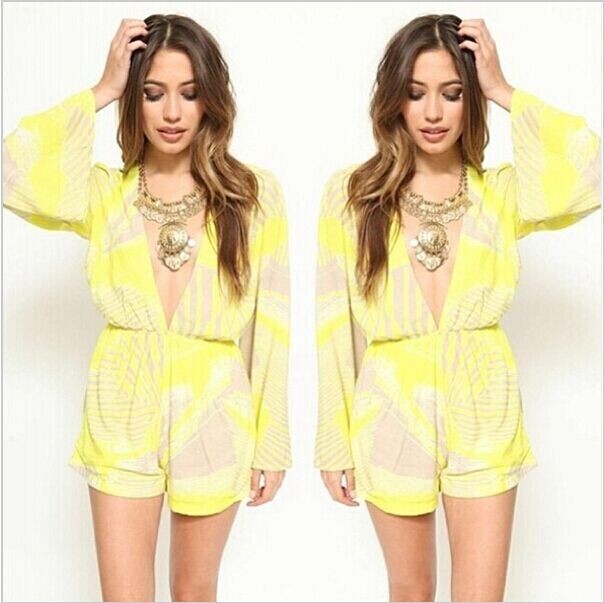 Vneck Longsleeve Printing Jumpsuits Shorts on Luulla