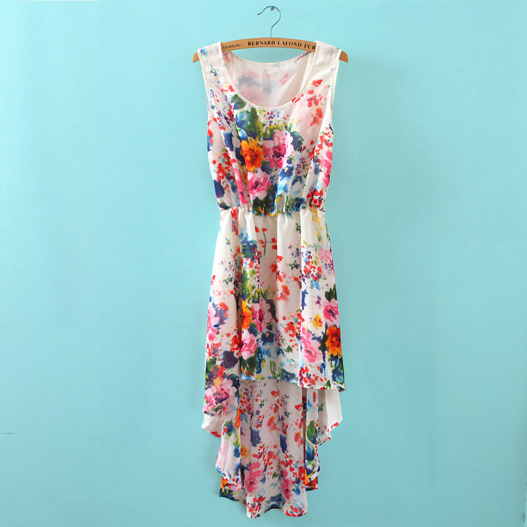 Sleeveless After Short Before Long Small Broken Flower Printed Chiffon ...