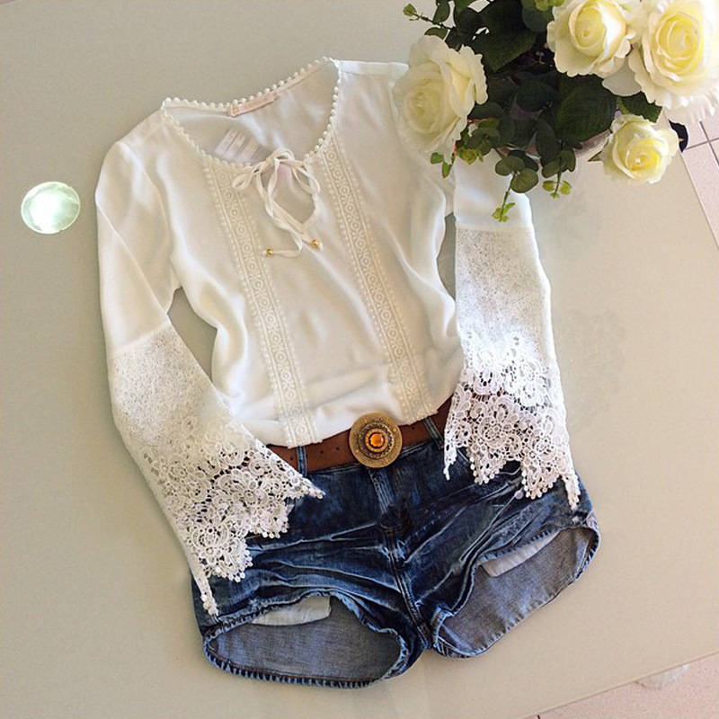 GEOMETRY HOLLOW OUT LACE PATCHED LONG SLEEVE TOPS